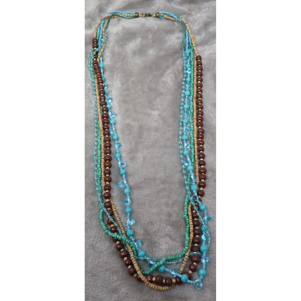 Vintage Boho Chic Wood /Plastic Beads Multi Strand Necklace Funky Multicolor 33" - Picture 3 of 7